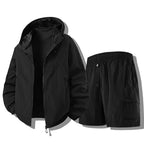 Black Men's Waterproof Jacket Set with Hooded Zip-Up Jacket & Cargo Shorts