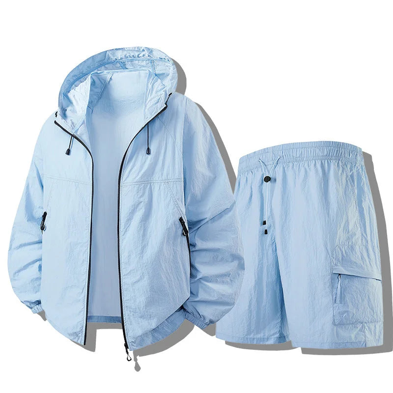 Blue Men's Waterproof Jacket Set with Hooded Zip-Up Jacket & Cargo Shorts