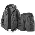 Cement gray Men's Waterproof Jacket Set with Hooded Zip-Up Jacket & Cargo Shorts