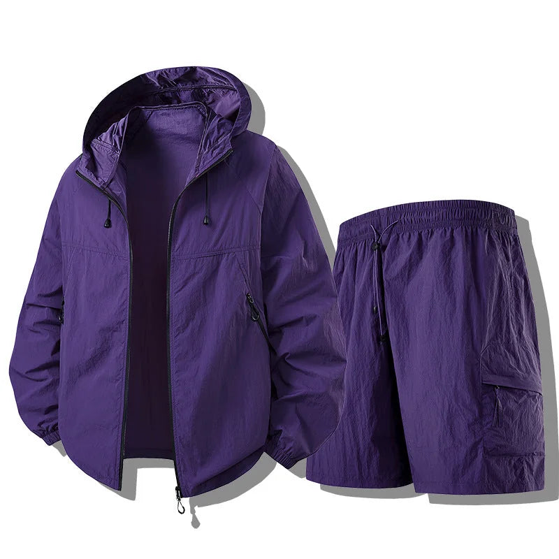 Lilac Men's Waterproof Jacket Set with Hooded Zip-Up Jacket & Cargo Shorts