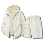 White Men's Waterproof Jacket Set with Hooded Zip-Up Jacket & Cargo Shorts