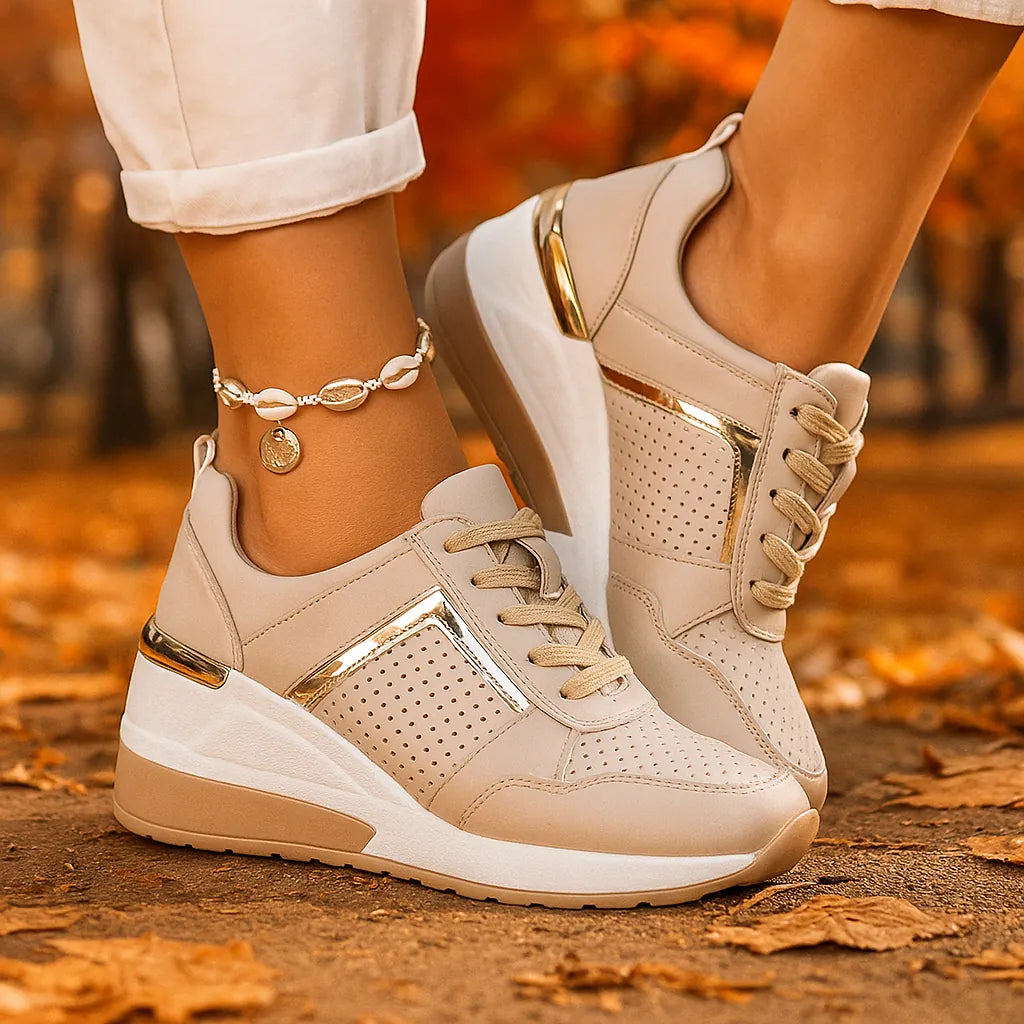 Beige Women's Wedge Shoes with Lace-Up Perforated Design & Cushioned Support — Esme - Close Up Laces