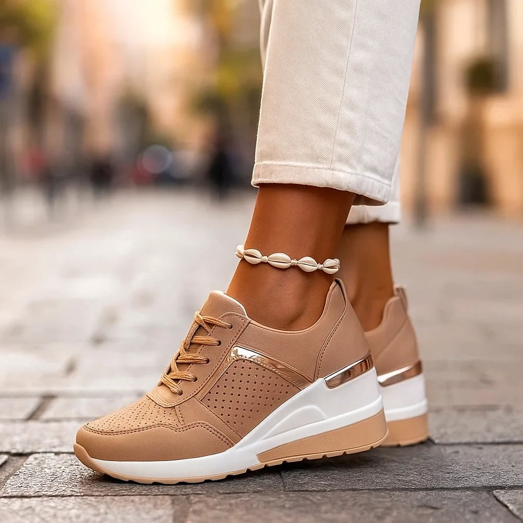 Brown Women's Wedge Shoes with Lace-Up Perforated Design & Cushioned Support — Esme - Outdoor Pose