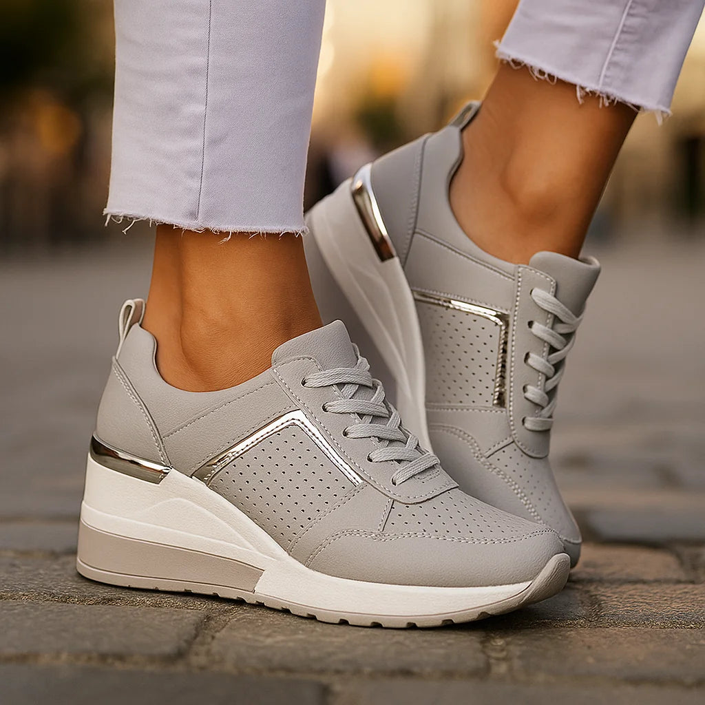 Grey Women's Wedge Shoes with Lace-Up Perforated Design & Cushioned Support — Esme - Ankle Detail