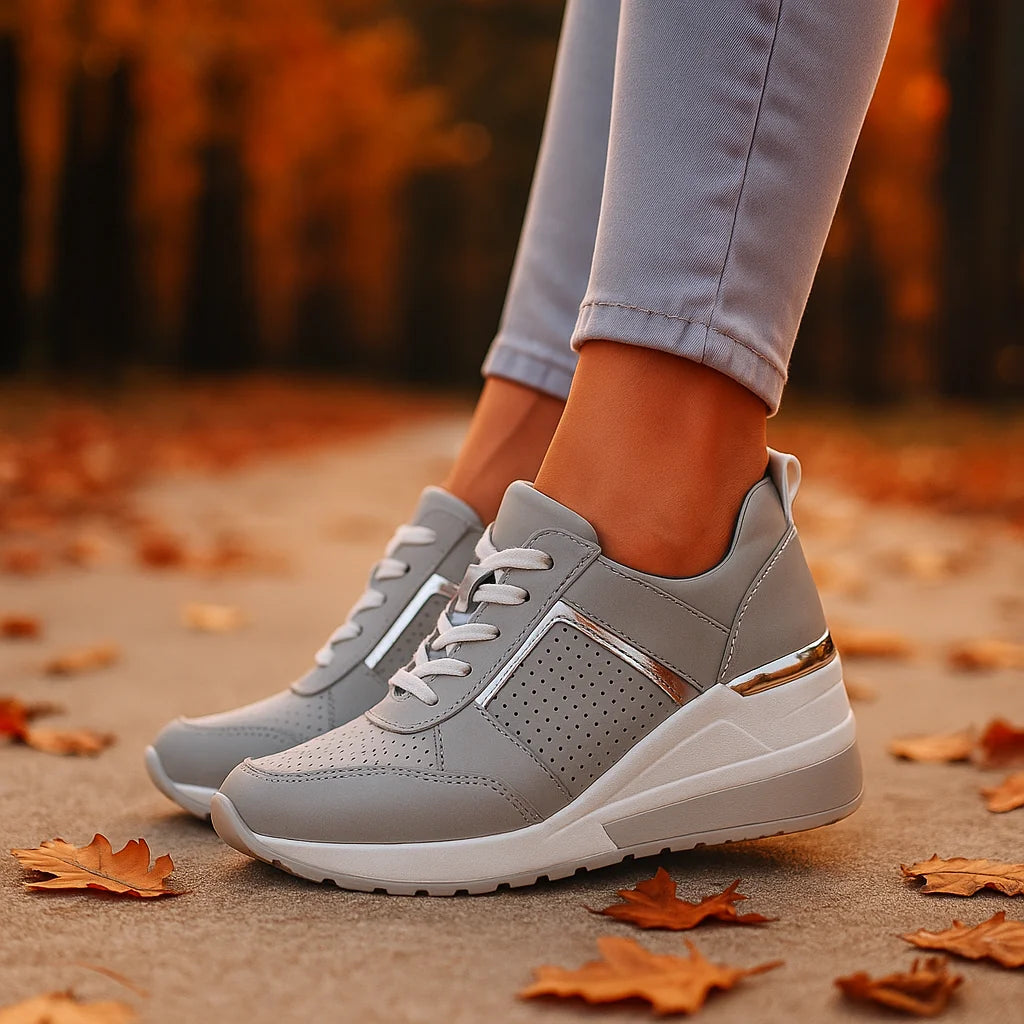 Grey Women's Wedge Shoes with Lace-Up Perforated Design & Cushioned Support — Esme - Fall Leaves Pose