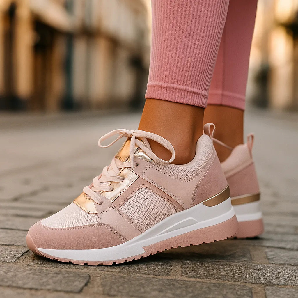 Pink Women's Wedge Shoes with Lace-Up Perforated Design & Cushioned Support — Esme - Front Walking