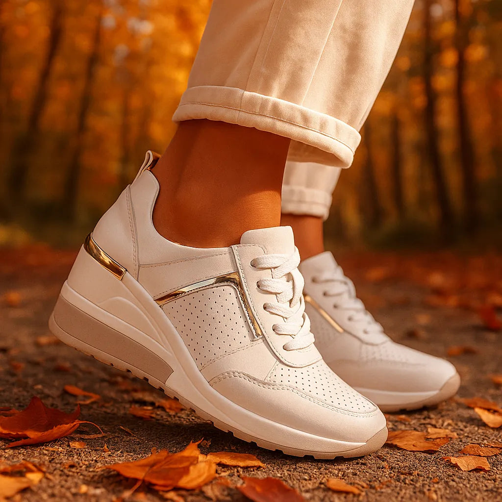 White Women's Wedge Shoes with Lace-Up Perforated Design & Cushioned Support — Esme - Autumn Lifestyle