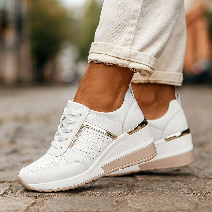 White Women's Wedge Shoes with Lace-Up Perforated Design & Cushioned Support — Esme - Side Pose
