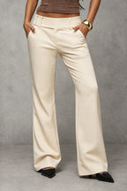 Beige Women's Wide Leg Trousers with High-Waisted Button Tab Detail