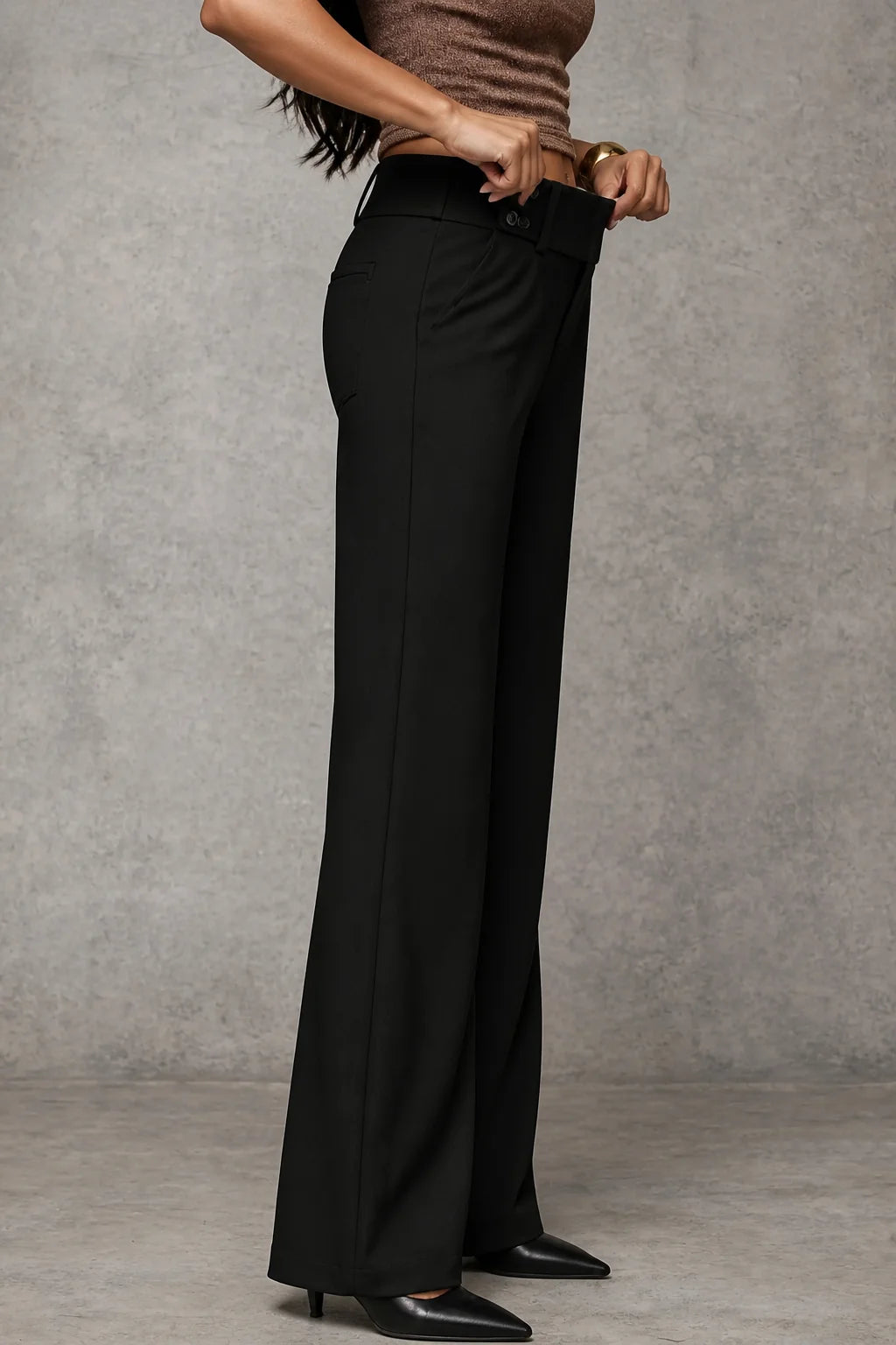 Black Women's Wide Leg Trousers with High-Waisted Button Tab Detail