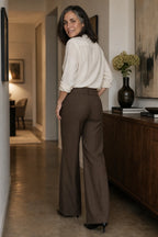 Women's Wide Leg Trousers with High-Waisted Button Tab Detail - Back Full