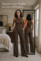 Women's Wide Leg Trousers with High-Waisted Button Tab Detail - Mirror Reflection