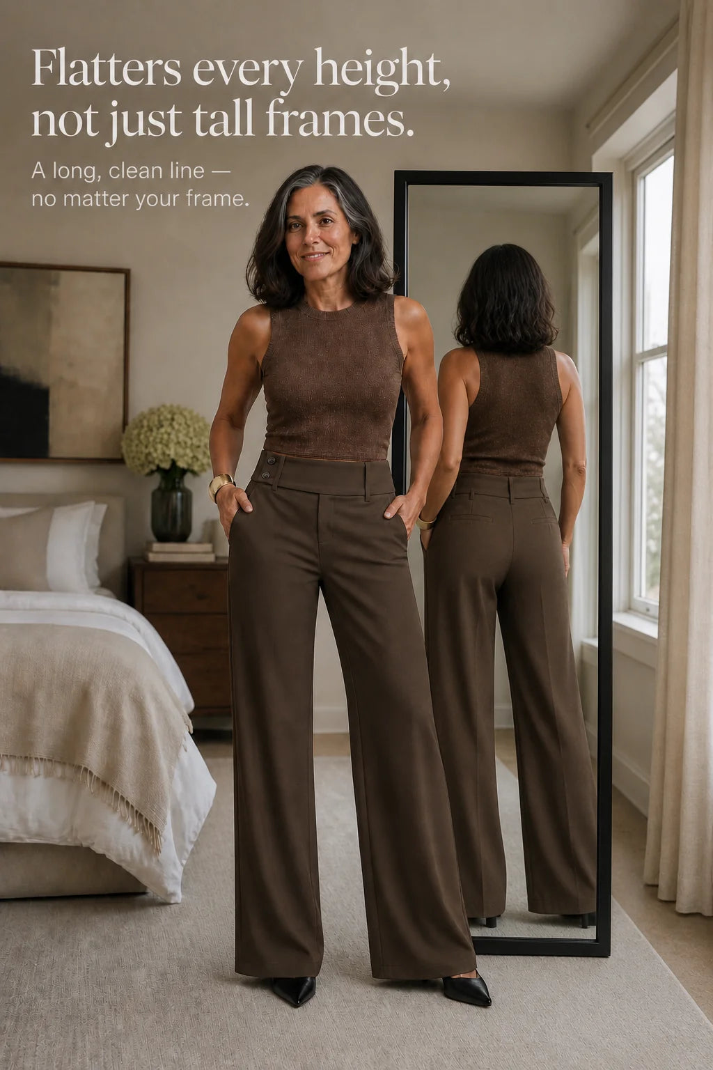 Women's Wide Leg Trousers with High-Waisted Button Tab Detail - Mirror Reflection