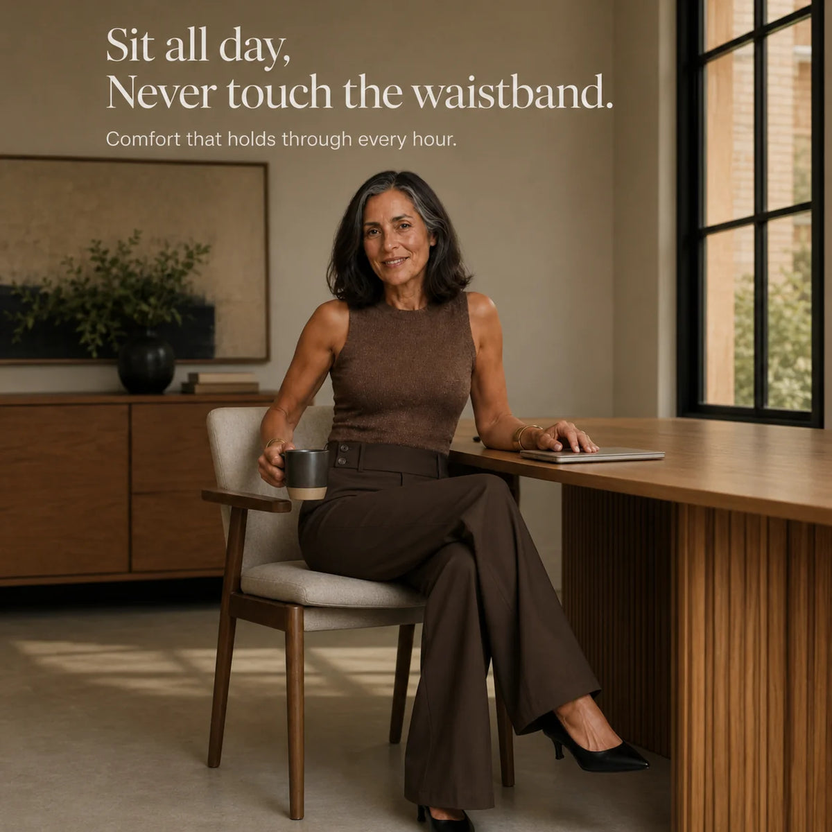 Women's Wide Leg Trousers with High-Waisted Button Tab Detail - Seated Desk