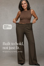 Women's Wide Leg Trousers with High-Waisted Button Tab Detail - Waistband Detail