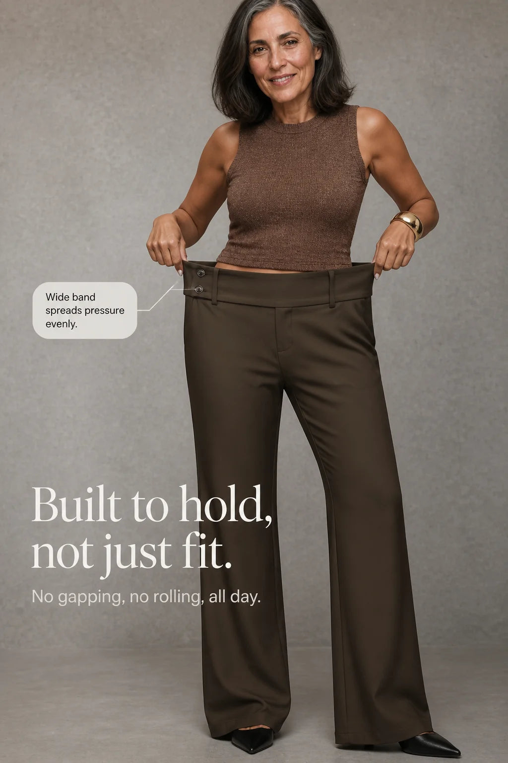 Women's Wide Leg Trousers with High-Waisted Button Tab Detail - Waistband Detail