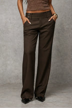 Dark Brown Women's Wide Leg Trousers with High-Waisted Button Tab Detail