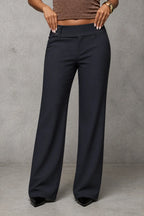 Dark Grey Women's Wide Leg Trousers with High-Waisted Button Tab Detail
