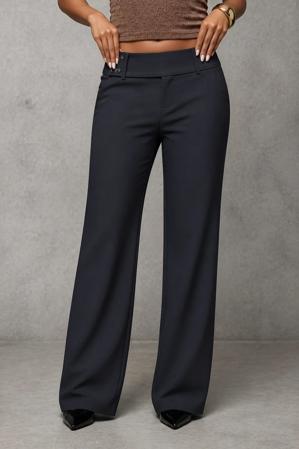Dark Grey Women's Wide Leg Trousers with High-Waisted Button Tab Detail