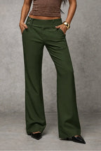 Olive Green Women's Wide Leg Trousers with High-Waisted Button Tab Detail