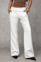 White Women's Wide Leg Trousers with High-Waisted Button Tab Detail