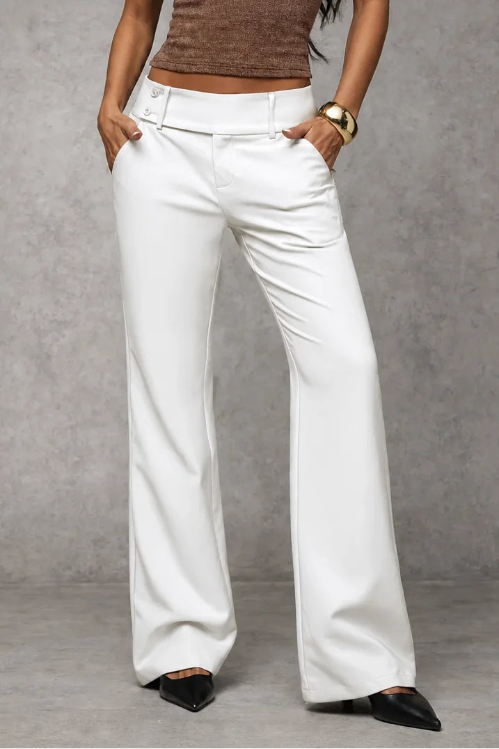 White Women's Wide Leg Trousers with High-Waisted Button Tab Detail
