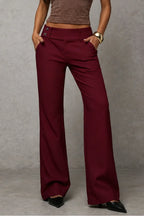 Wine Red Women's Wide Leg Trousers with High-Waisted Button Tab Detail
