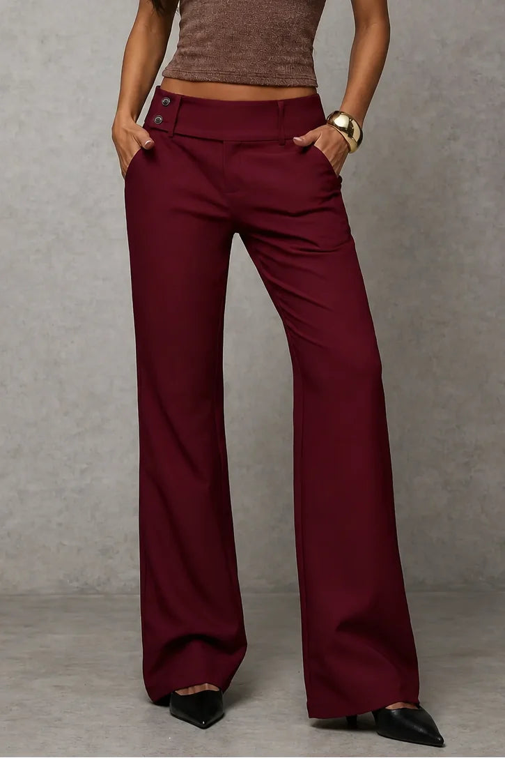 Wine Red Women's Wide Leg Trousers with High-Waisted Button Tab Detail