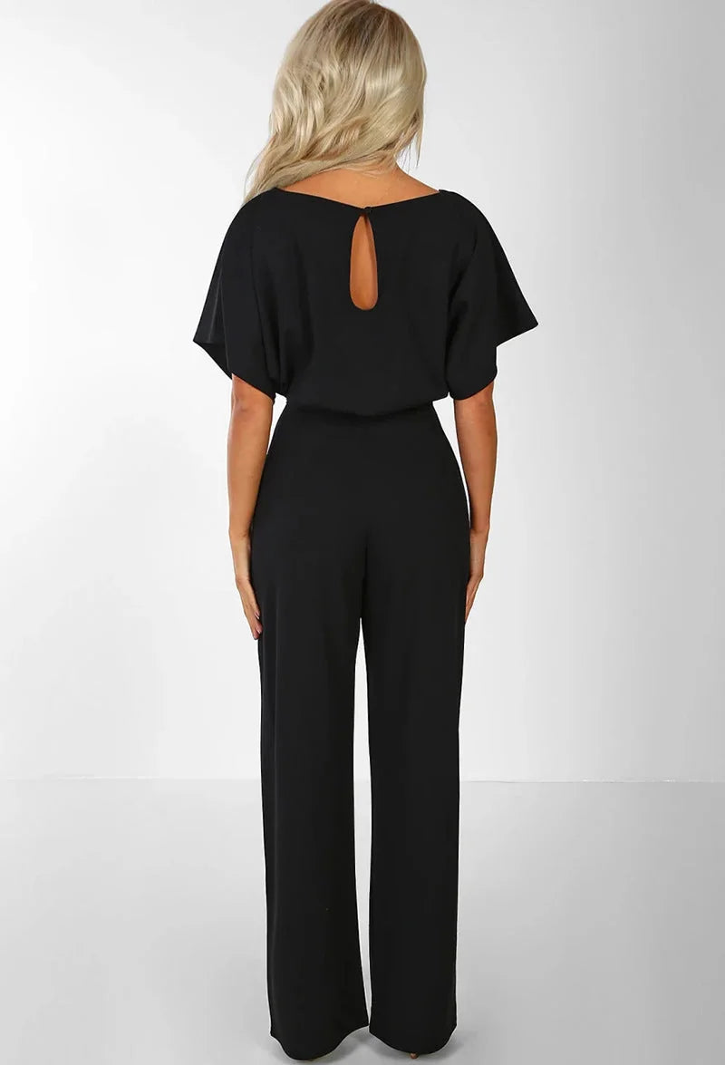 Women's Wide Leg Jumpsuit with Batwing Sleeves & Tie Waist - Back Studio White