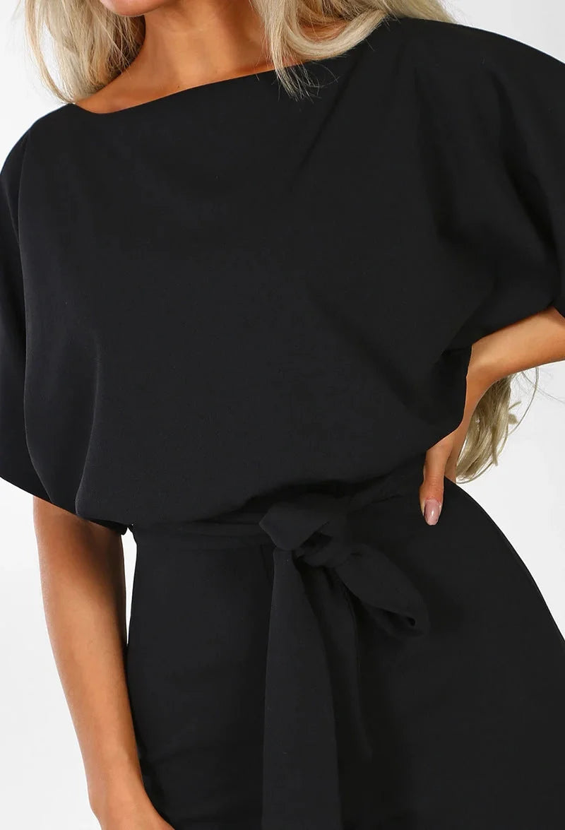 Women's Wide Leg Jumpsuit with Batwing Sleeves & Tie Waist - Close Up Waist Tie