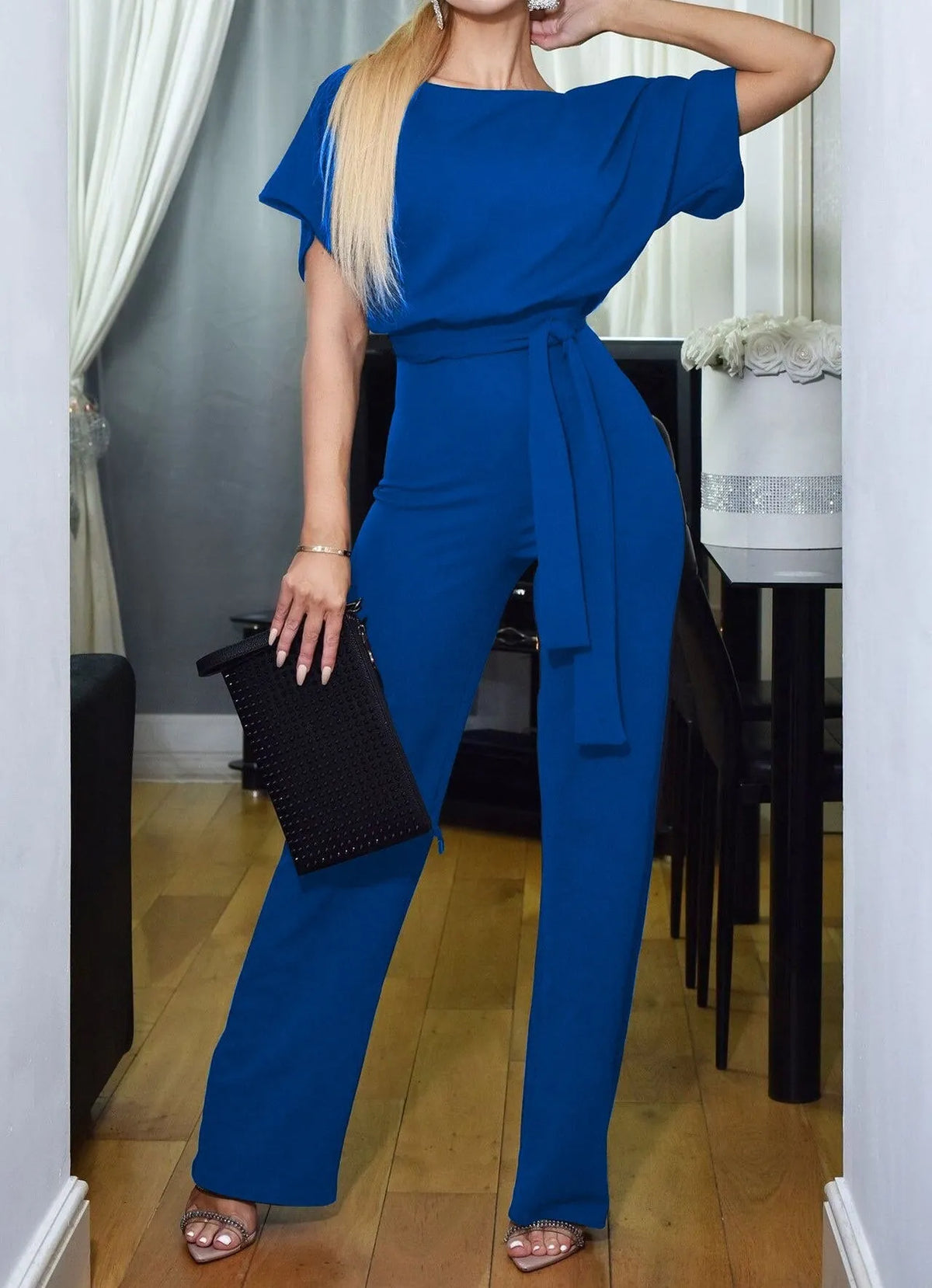 Blue Women's Wide Leg Jumpsuit with Batwing Sleeves & Tie Waist