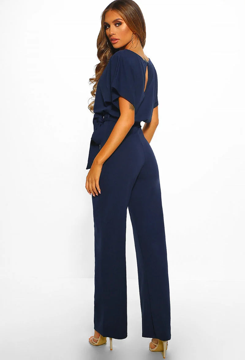 Women's Wide Leg Jumpsuit with Batwing Sleeves & Tie Waist - Back Studio White