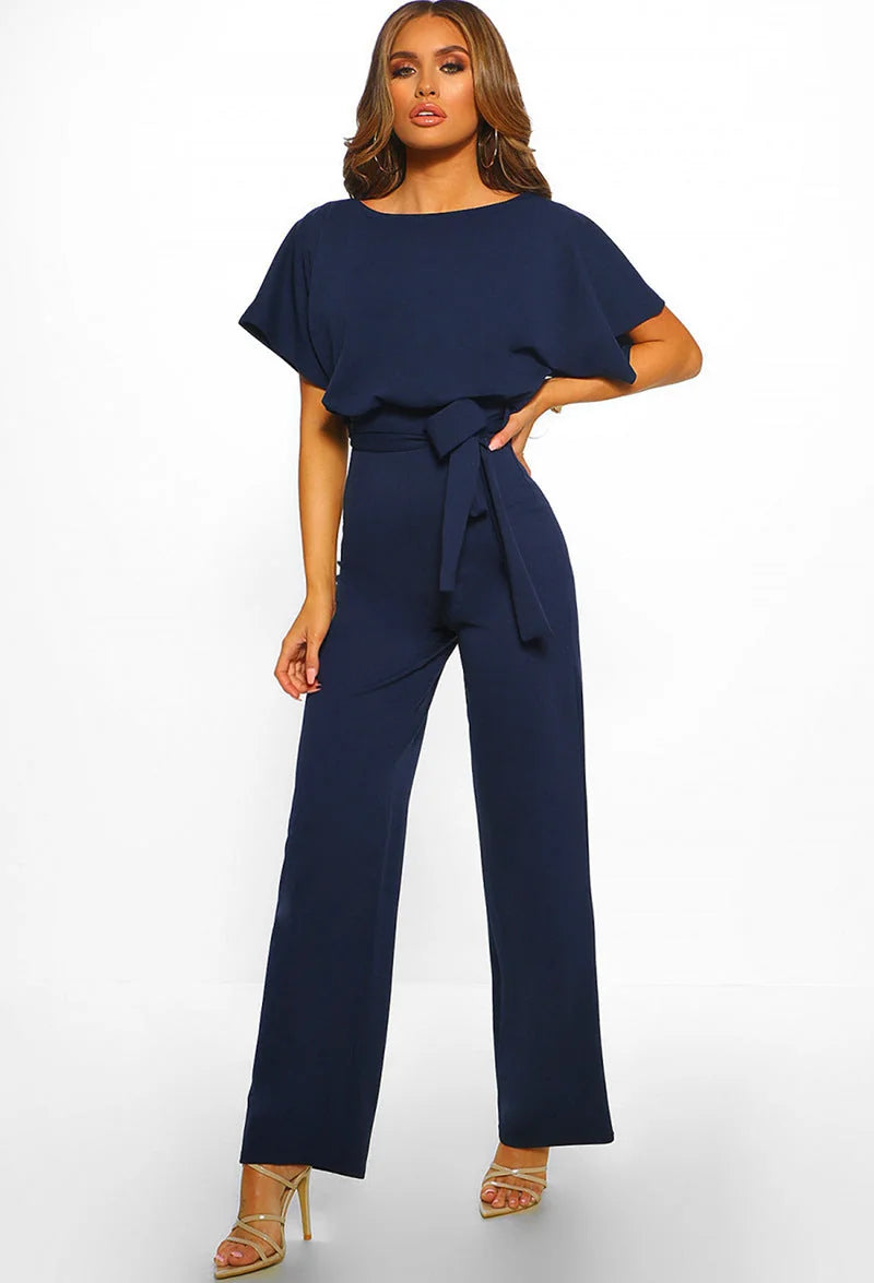 Dark Blue Women's Wide Leg Jumpsuit with Batwing Sleeves & Tie Waist - Front Studio White