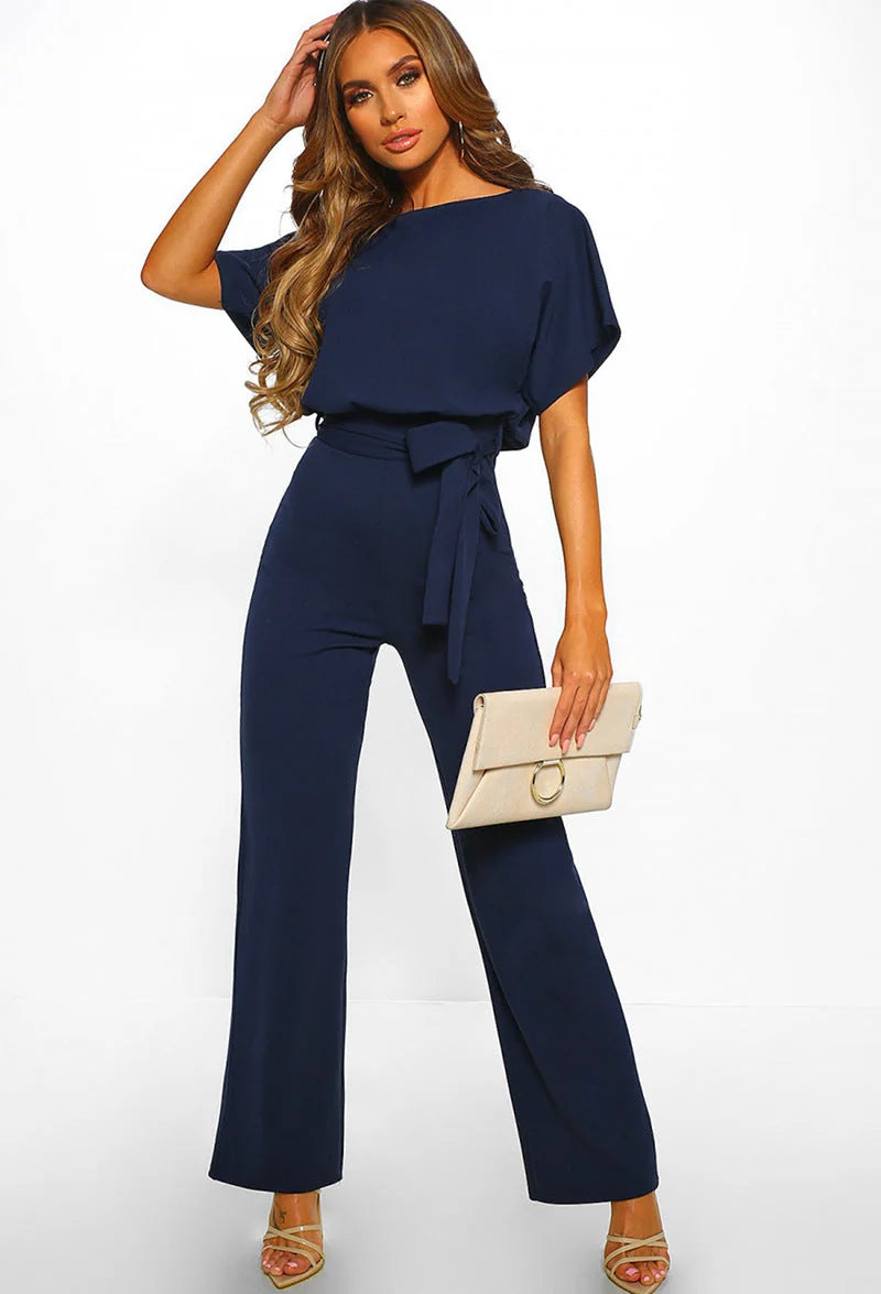 Women's Wide Leg Jumpsuit with Batwing Sleeves & Tie Waist - Front Studio With Clutch
