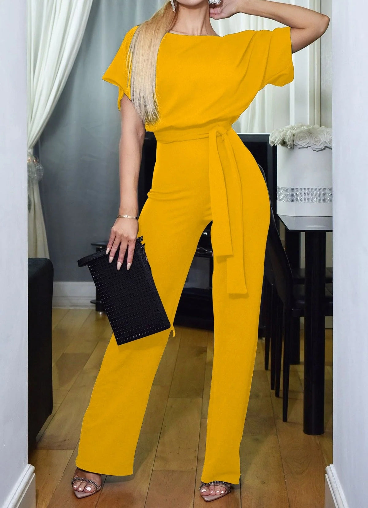 Yellow Women's Wide Leg Jumpsuit with Batwing Sleeves & Tie Waist