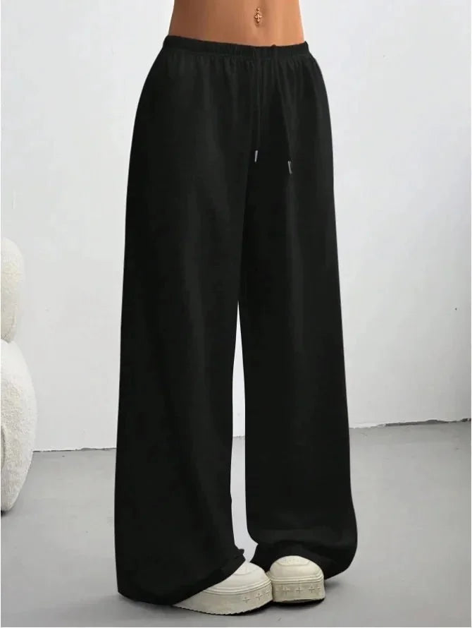 Black Women's Wide Leg Sweatpants with Drawstring Waist & Relaxed Fit