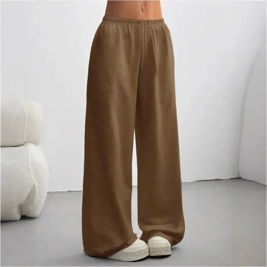 Dark Brown Women's Wide Leg Sweatpants with Drawstring Waist & Relaxed Fit - Front Full White Studio