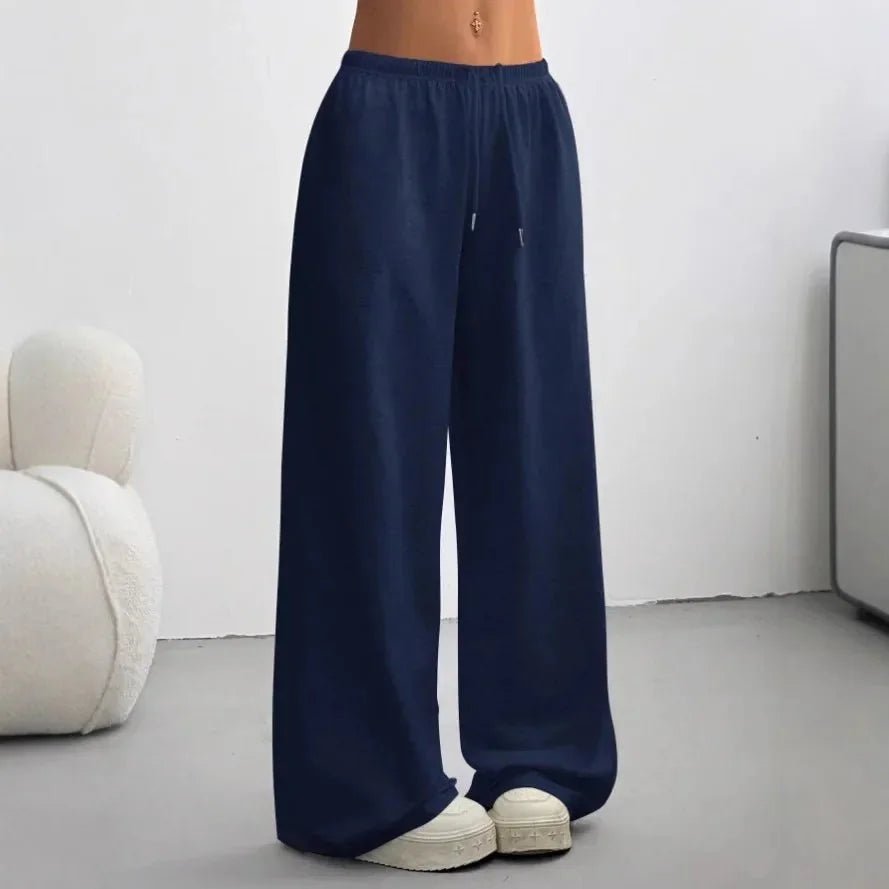 Dark Blue Women's Wide Leg Sweatpants with Drawstring Waist & Relaxed Fit - Front Full Sofa Backdrop