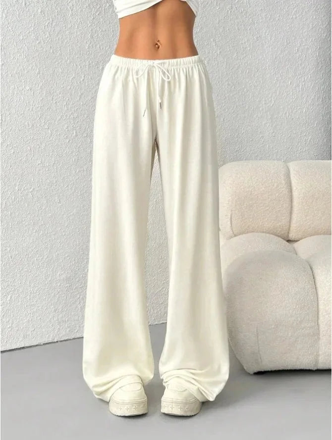 White Women's Wide Leg Sweatpants with Drawstring Waist & Relaxed Fit - Front Full Textured Wall