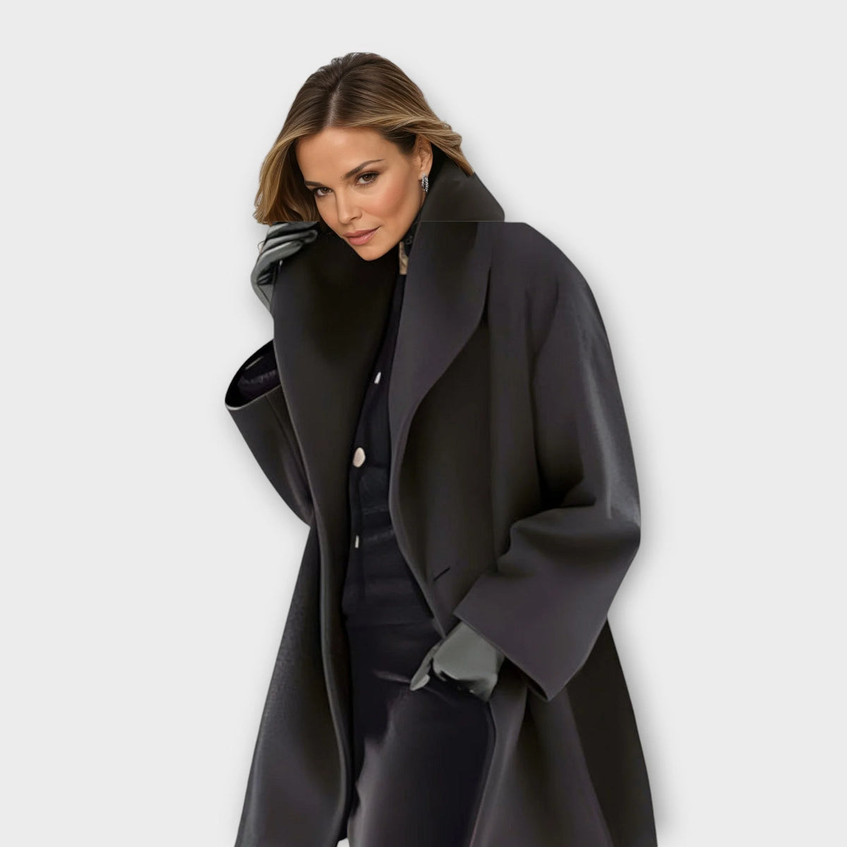 Black Women's Windproof Coat with Oversized Collar & Relaxed Fit