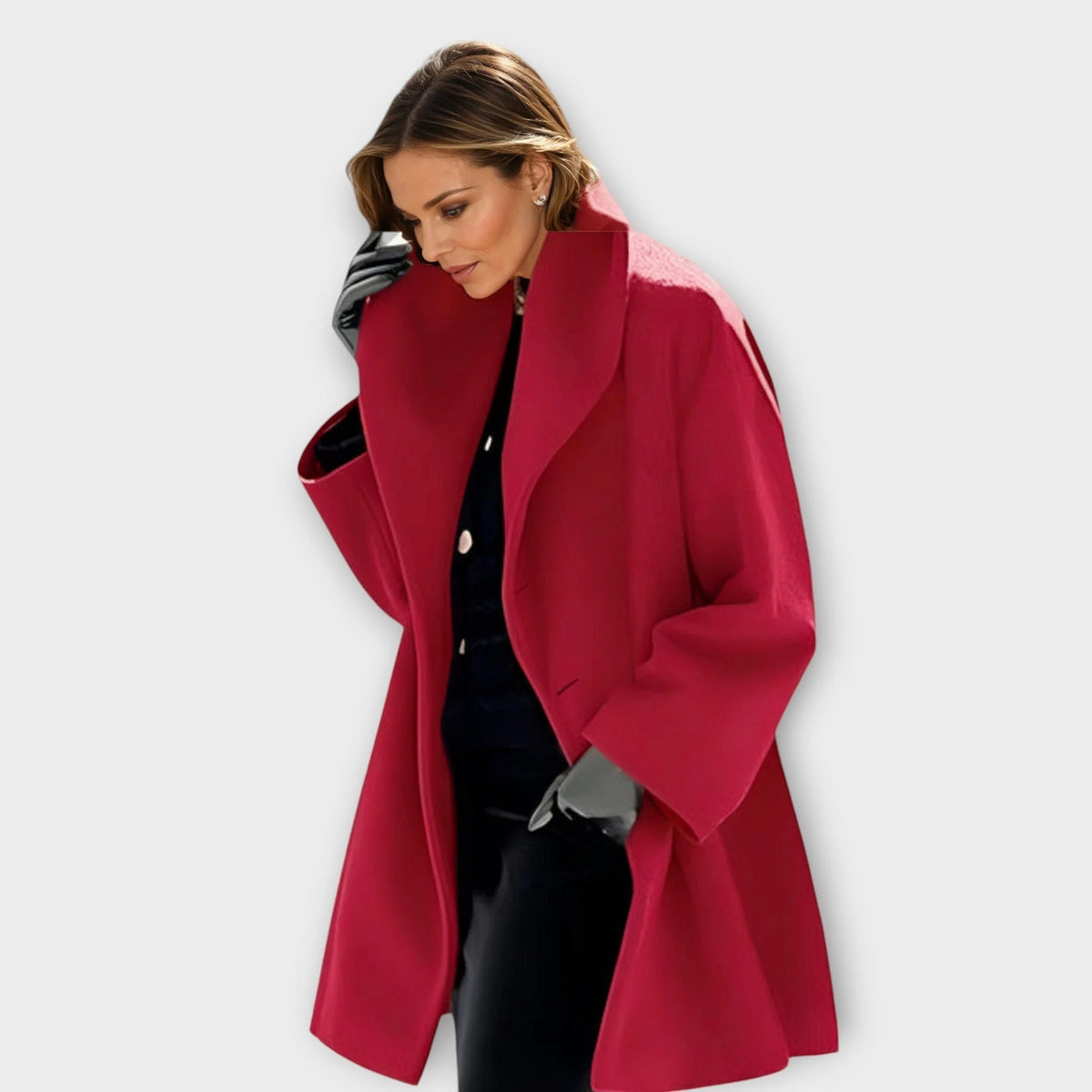 Red Women's Windproof Coat with Oversized Collar & Relaxed Fit