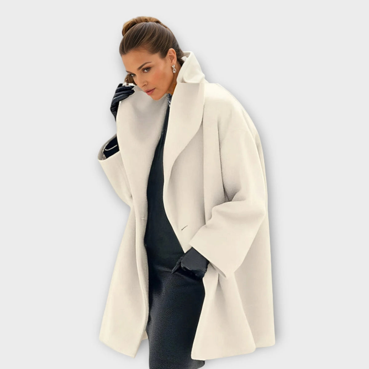 White Women's Windproof Coat with Oversized Collar & Relaxed Fit