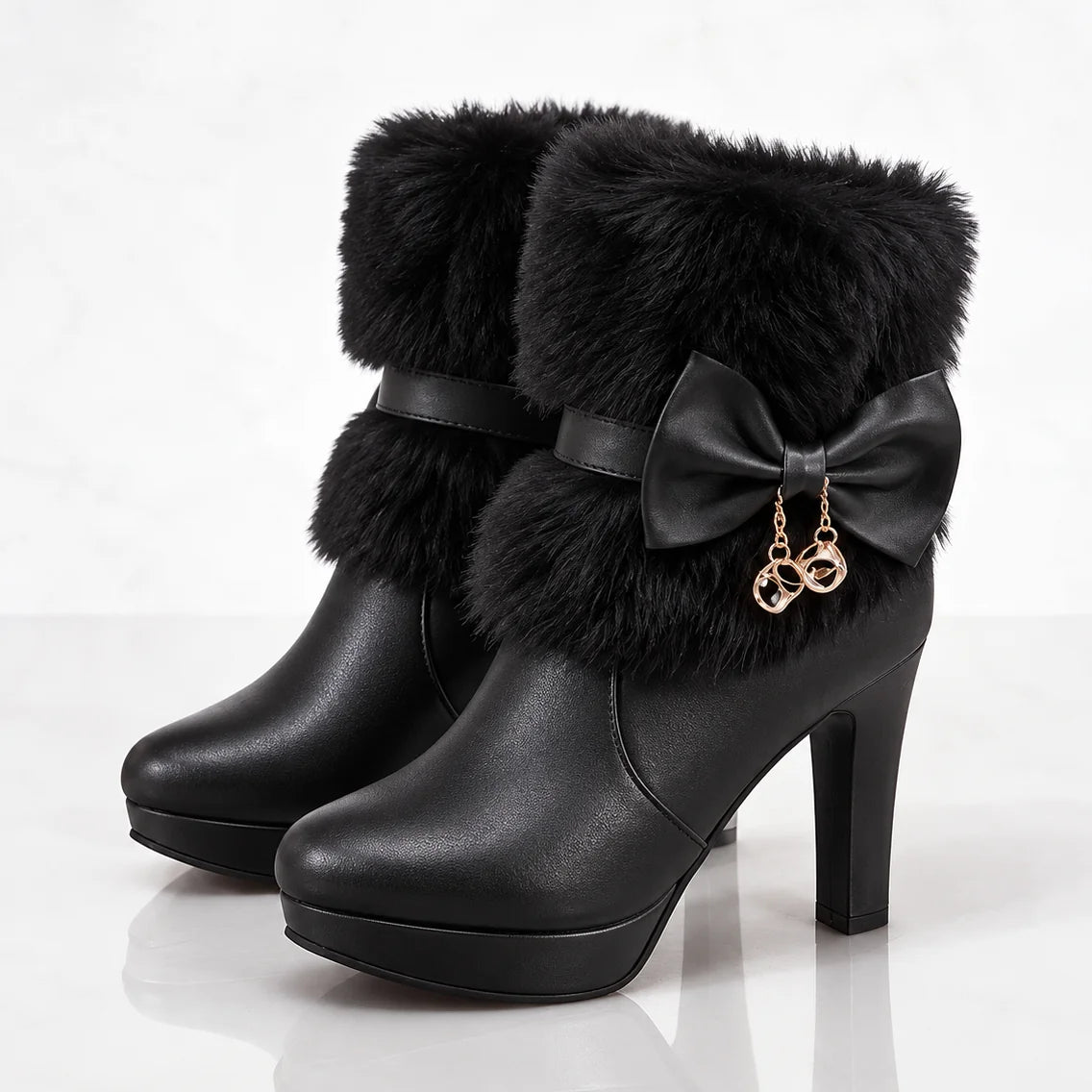 Black Women's Winter Ankle Boots with Platform Heel, Plush Collar & Bow Charm - Front Full Studio