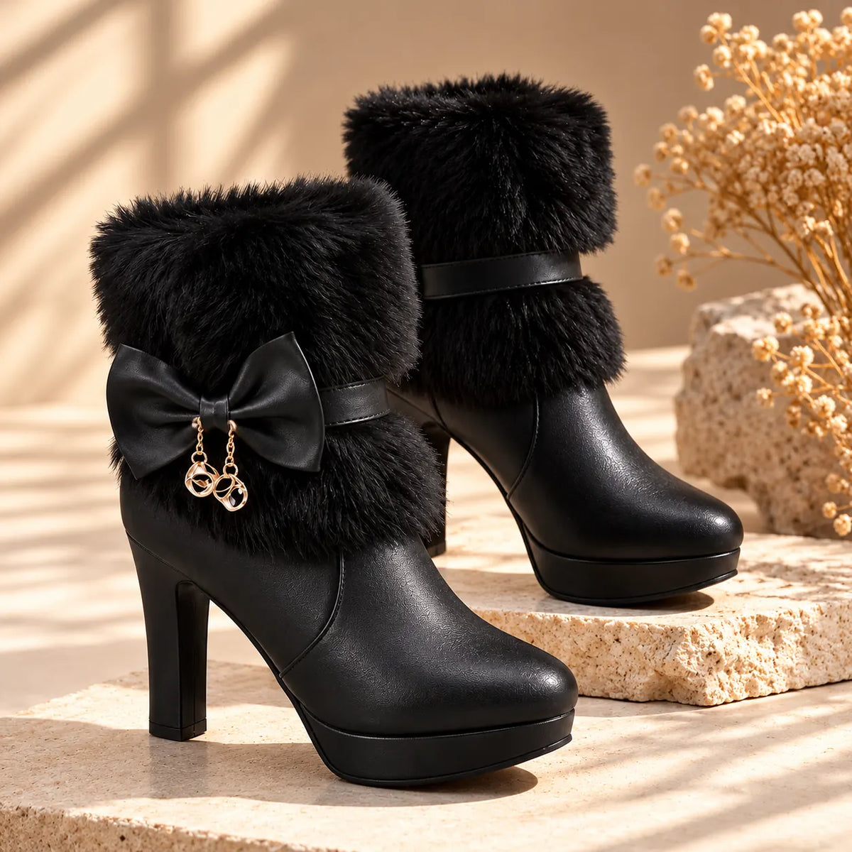 Women's Winter Ankle Boots with Platform Heel, Plush Collar & Bow Charm - Outdoor Steps