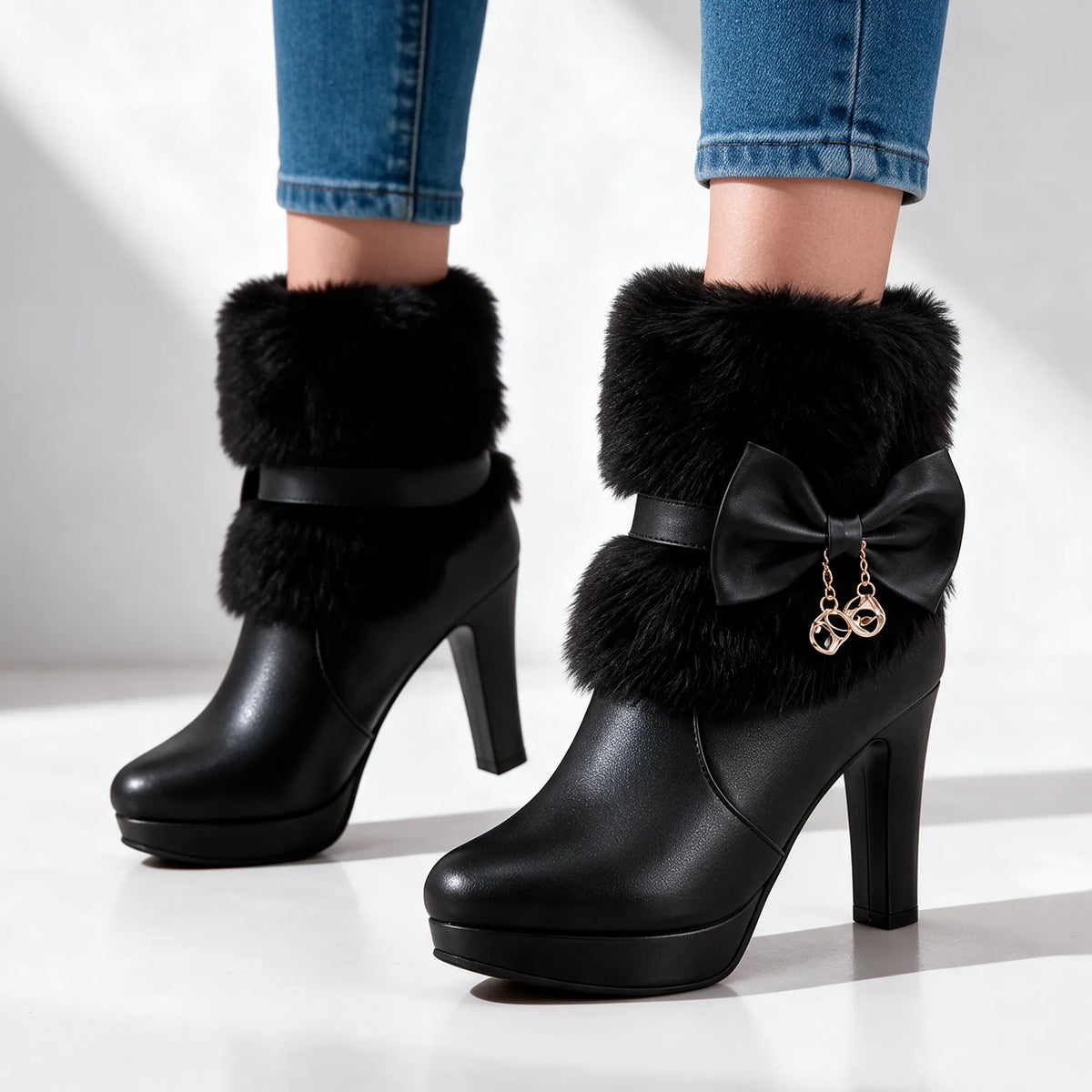 Women's Winter Ankle Boots with Platform Heel, Plush Collar & Bow Charm