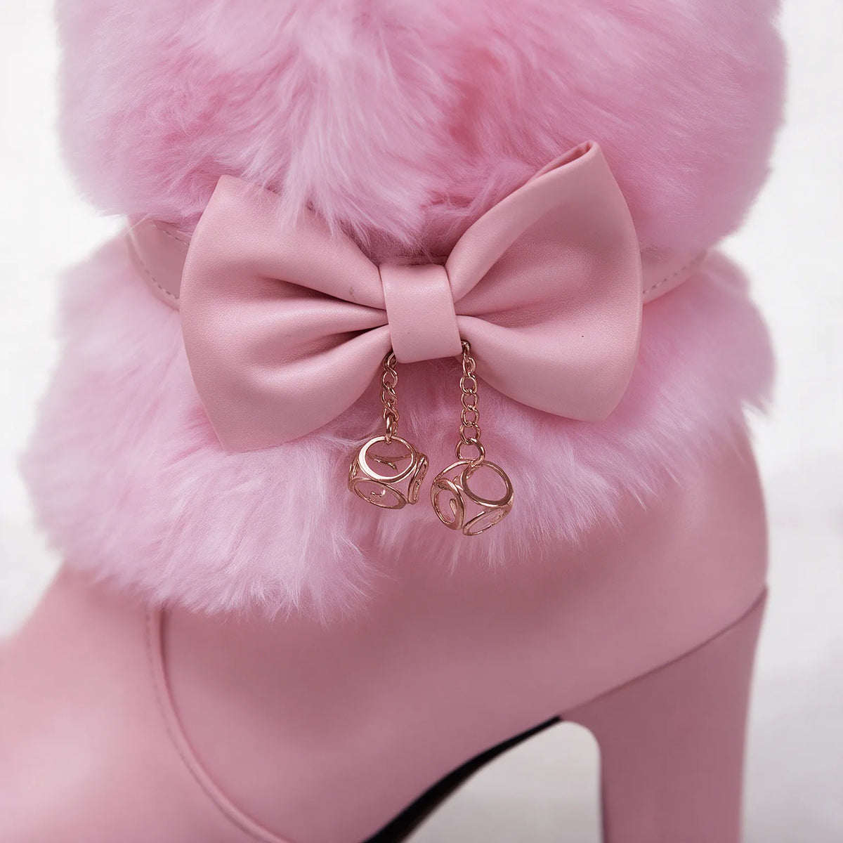 Women's Winter Ankle Boots with Platform Heel, Plush Collar & Bow Charm - Close Up Bow