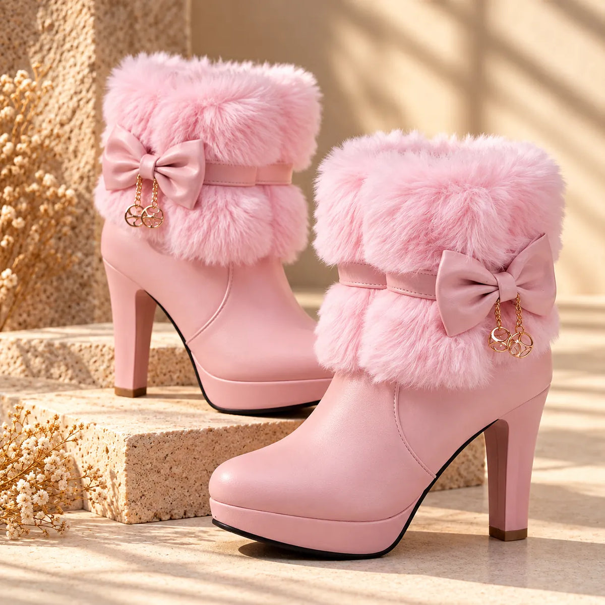 Women's Winter Ankle Boots with Platform Heel, Plush Collar & Bow Charm - Outdoor Steps Pose