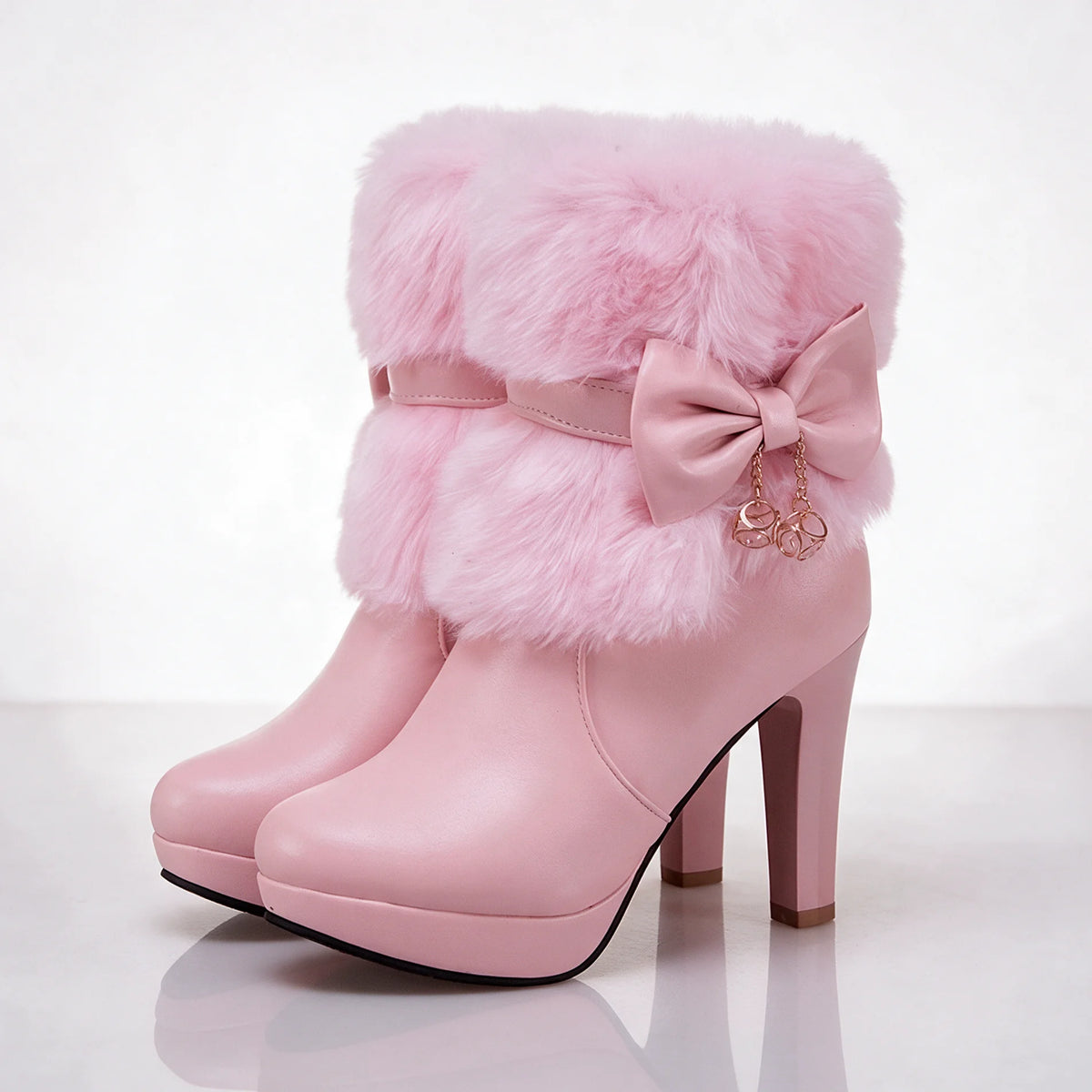 Pink Women's Winter Ankle Boots with Platform Heel, Plush Collar & Bow Charm - Side Angle Studio