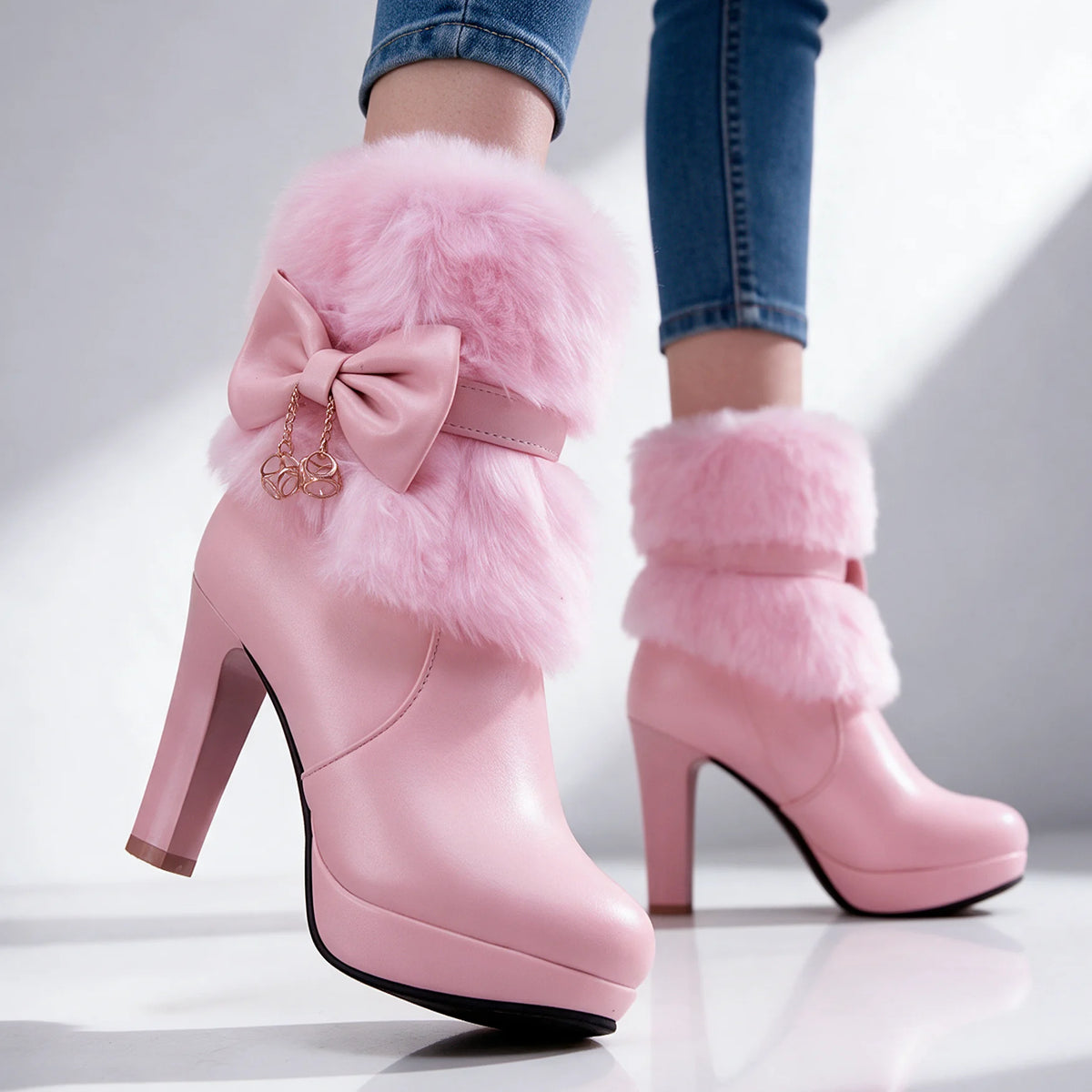 Women's Winter Ankle Boots with Platform Heel, Plush Collar & Bow Charm