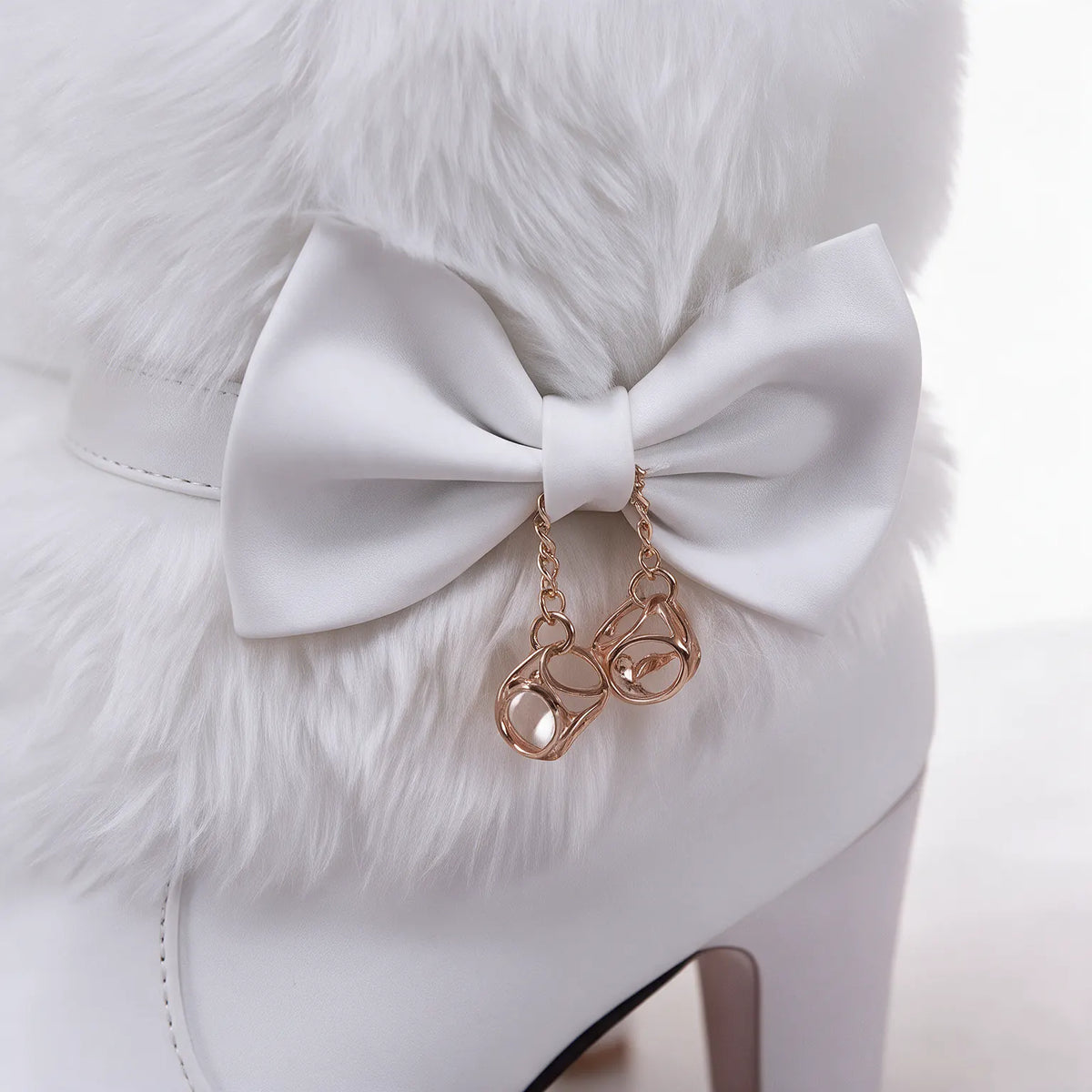 Women's Winter Ankle Boots with Platform Heel, Plush Collar & Bow Charm - Close Up Bow Charm